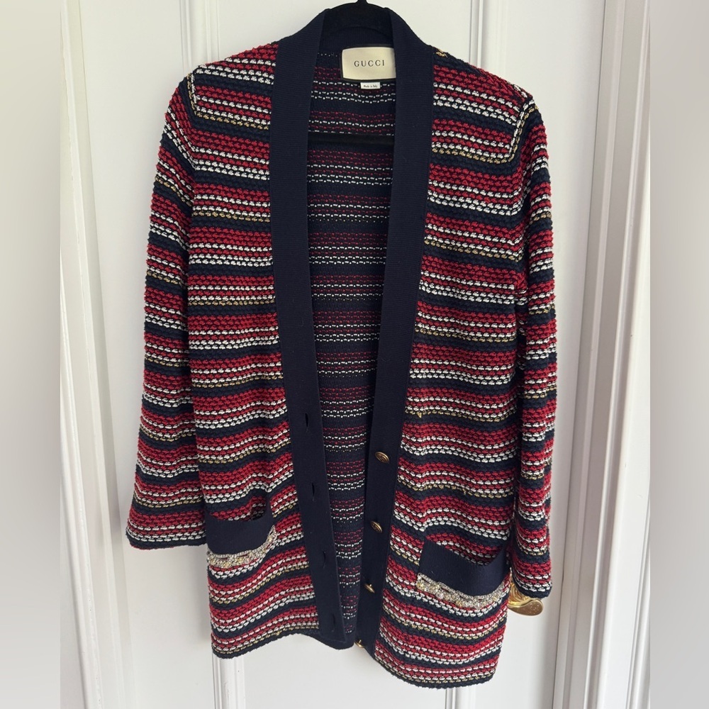 Gucci Color-blocked diamond striped wool V-neck long-sleeve - Large - Picture 6 of 9